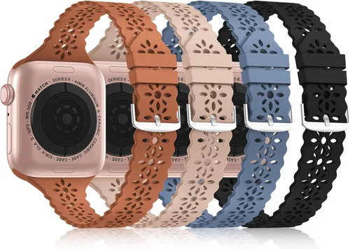 Miniatura 13 de Bandiction - Paquete de 4 correas de silicona de encaje compatibles con Apple Watch de 38mm 40mm 41mm 42mm 44mm 45mm 46mm 49mm, correa delgada