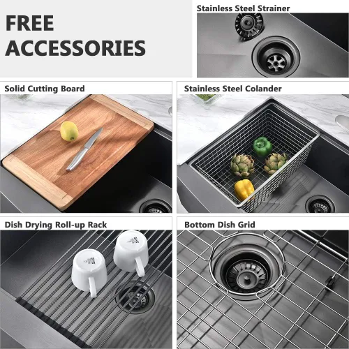 Miniatura 8 de Fregadero de cocina negro de 84 cm para casa de campo con estación de trabajo-VASOYO 33x22 Fregadero de cocina negro de acero inoxidable para casa