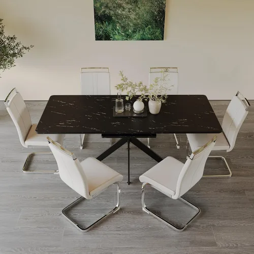 Miniatura 11 de Mesa de comedor de mármol para 4-8, mesa de comedor extensible de 62.4 a 78.15 pulgadas, mesa de cocina moderna, mesa rectangular que ahorra espacio