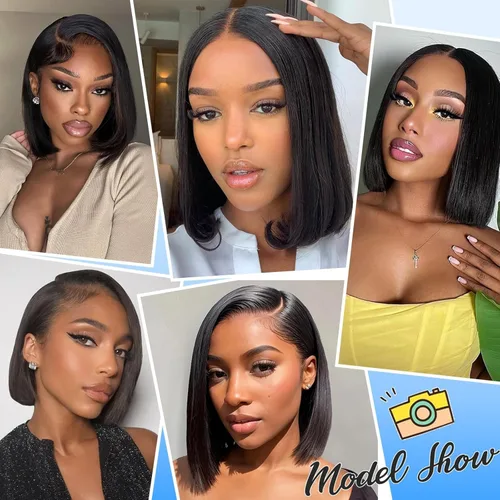 Miniatura 7 de Hoacon Peluca Bob de pelo humano 13x4 con encaje frontal para mujeres negras, peluca HD con encaje frontal de pelo humano, sin pegamento, Negro