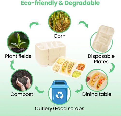 Miniatura 4 de Platos desechables para tacos de 4 compartimentos para 2 tacos y 4 lados, borde elevado extra profundo, almidón de maíz biodegradable, apto