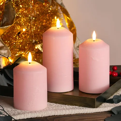 Miniatura 6 de Juego de 3 velas de pilar sin llama color rosa con control remoto, velas LED de cera real que funcionan