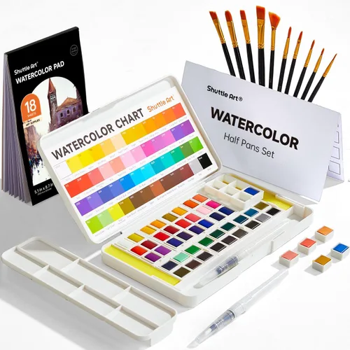 Shuttle Art - Juego de pintura de acuarela de 48 colores en medias bandejas con 2 bolígrafos de pincel de agua, 10 pinceles de pintura, 1