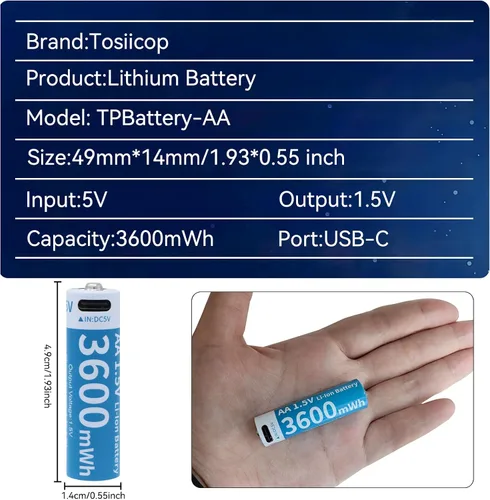 Miniatura 7 de Baterías de litio recargables AA, paquete de 4 baterías de iones de litio recargables USB-C de 1.5 V 3600 mWh con cargador USB a tipo C 4 en 1