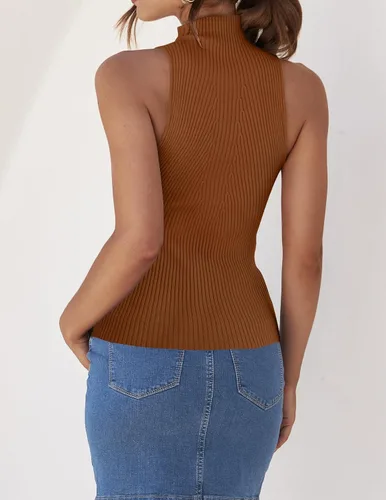 Miniatura 4 de ZESICA Camisetas sin mangas de verano para mujer, cuello de tortuga, de punto acanalado, ajustadas, básicas, casuales