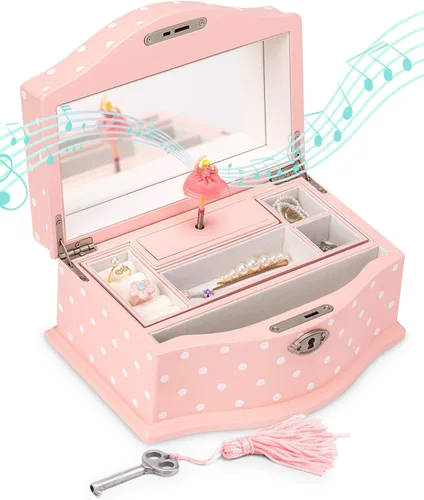 Elle Joyero Organizador de joyas de bailarina y caja de música de cuerda Swan Lake para niñas y adolescentes, accesorios y almacenamiento de madera