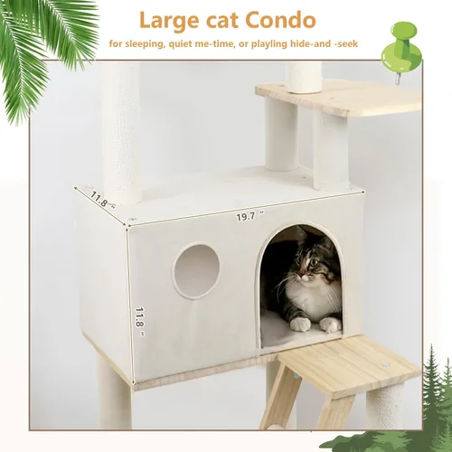 Miniatura 3 de Árbol para gatos de madera maciza de 65 pulgadas, moderno, torre para gatos de varios niveles para gatos de interior, torre resistente para gatos