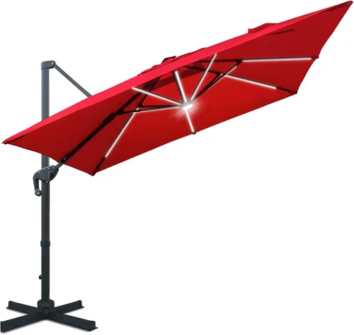 Miniatura 10 de Sunnyglade Sombrilla de patio voladiza LED de 10 x 10 pies con energía solar, sombrilla cuadrada de lujo con rotación de 360° y sistema de Azul