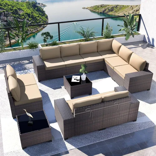 Miniatura 9 de Kullavik Juego de 13 muebles de patio al aire libre con mesa de fogata de gas propano de 43 pulgadas, 55000 BTU, mimbre de polietileno, sofá Arena