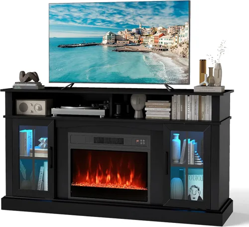 COSTWAY - Soporte de TV con chimenea eléctrica para televisores de hasta 65 pulgadas con luces LED, controles remotos, estantes ajustables, inserto