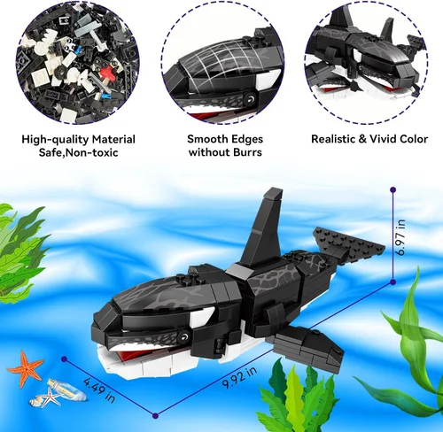 Miniatura 4 de KAZI Juego de construcción de juguetes de pez pescador, bloques de construcción de criaturas marinas de Halloween, juguetes de animales del océano