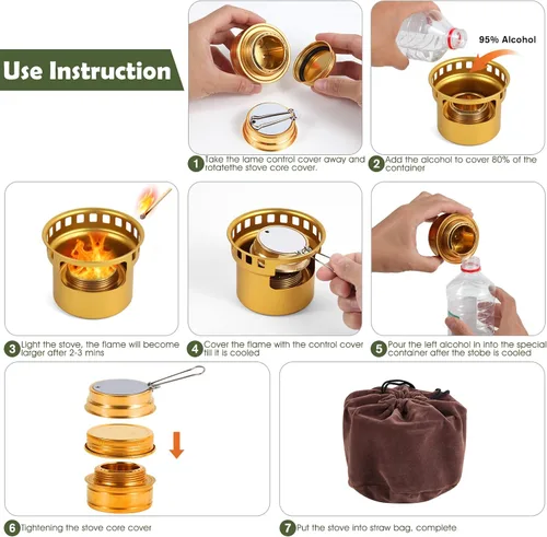 Miniatura 6 de Mini estufa de alcohol 2 en 1 para acampar, quemador de alcohol portátil con soporte cruzado de acero inoxidable, bolsa de almacenamiento, pequeña
