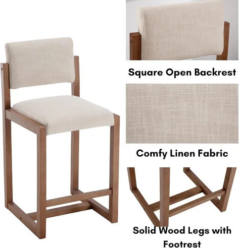 Miniatura 4 de LukeAlon Juego de 2 Taburetes de Mostrador de Lino, Tapizados de 26" de Altura de Asiento, Taburetes de Bar de Altura de Mostrador con Patas