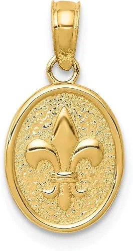 Diamond2Deal Flor de Lis pequeña pulida de oro amarillo de 14 quilates en colgante ovalado, joyería fina para mujer, Metal, No es una piedra preciosa