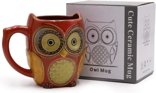Miniatura 4 de SQOWL Taza de café 3D bonita taza de búho de cerámica con cuchara Tazas de té para mujeres y niñas 12 oz rojo