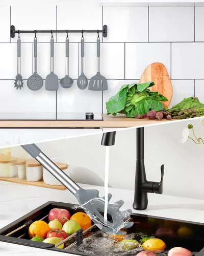 Miniatura 5 de Juego de utensilios de cocina de silicona, 8 piezas antiadherentes con mango de acero inoxidable, herramientas de cocina resistentes al calor sin
