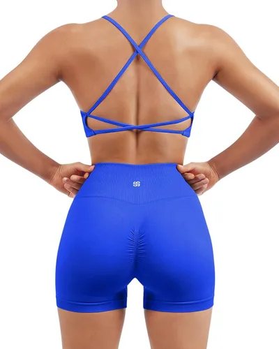 SUUKSESS Conjuntos de entrenamiento sin costuras para mujer, sujetador deportivo con tiras y cintura alta, pantalones cortos