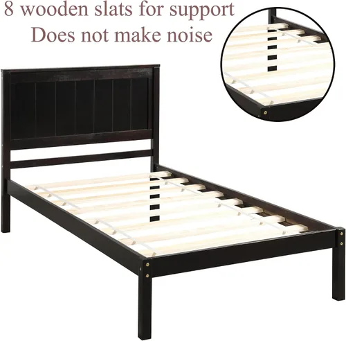 Miniatura 6 de Marco de cama de tamaño individual con cabecero, marco de cama de plataforma de madera, estilo rústico moderno, resistente, soporte de listones