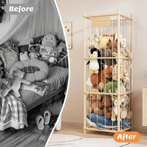 Miniatura 5 de Almacenamiento de animales de peluche, soporte de madera para juguetes de zoológico para habitaciones de niños, organizador de juguetes de ahorro