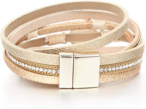 Miniatura 5 de FANCY SHINY Pulseras de cuero boho de doble envoltura, pulseras apilables de cuentas de cristal con cierre magnético, regalos de joyería para mujeres