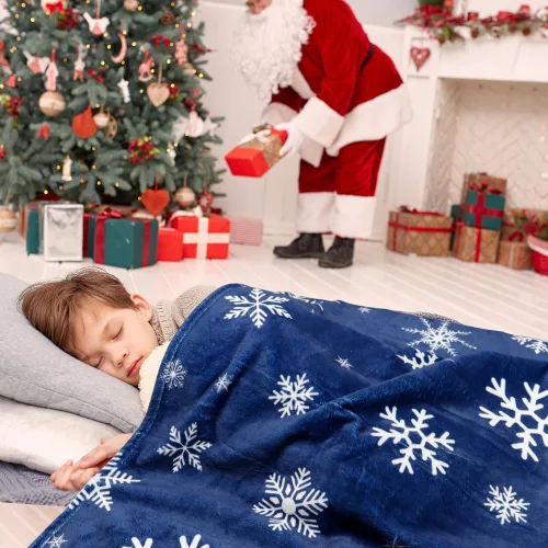 Miniatura 4 de Manta de Navidad con copos de nieve azul, manta de franela de forro polar súper suave, manta de invierno de felpa cálida, decoración navideña