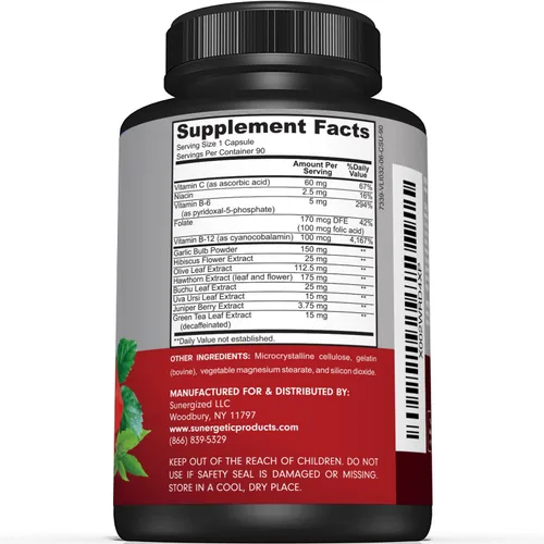 Miniatura 2 de Sunergetic Suplemento de apoyo de presión arterial premium para la salud cardiovascular y cardíaca con ajo, espino e hibisco (90 cápsulas)