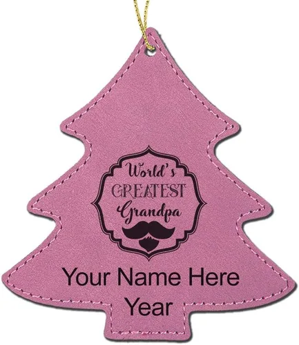LaserGram Personalized Christmas Ornament, World's Greatest Grandpa, Faux Leather, Custom Laser Engraved Gift Idea (Tree Shape, Pink)