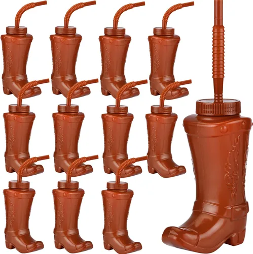 ALINK Copas de botas de vaquero con pajitas y tapas, 12 tazas de vaquero de 10 onzas para fiesta infantil para fiestas temáticas de rodeo