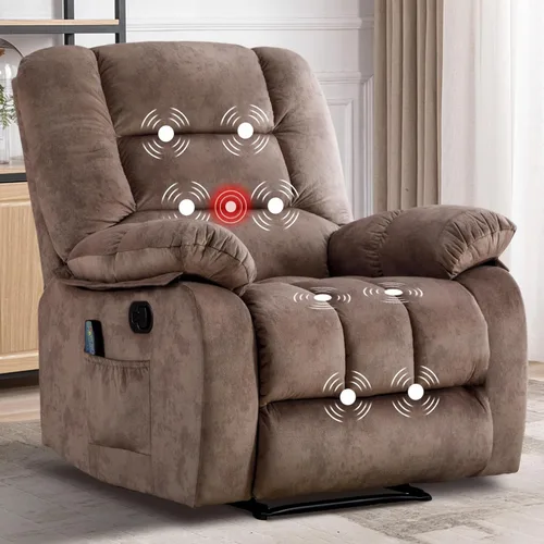 IOMOR Silla reclinable de masaje con calor y masaje, sillas reclinables ergonómicas de tela transpirable, silla individual con bolsillos laterales