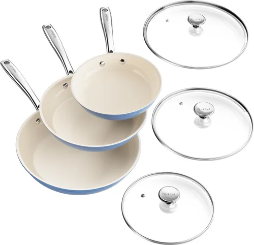 Redchef Juego de utensilios de cocina antiadherentes, juego de sartenes de cerámica con tapas de vidrio templado, juego de cocina antiadherente,