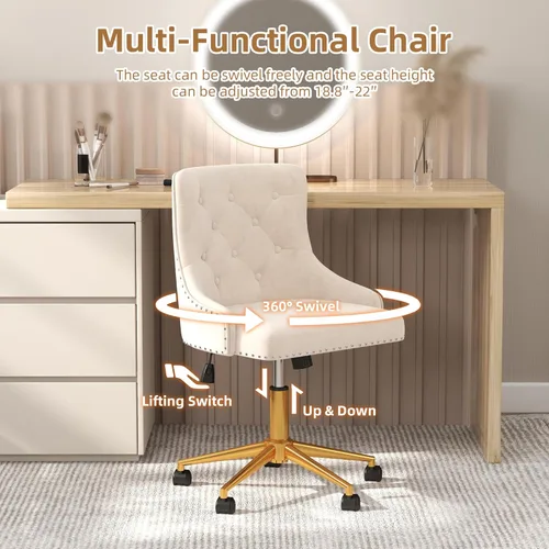 Miniatura 6 de Westice Sillas de escritorio de terciopelo, silla giratoria tapizada de maquillaje cómoda con respaldo copetudo, base de metal dorado y ruedas, Beige