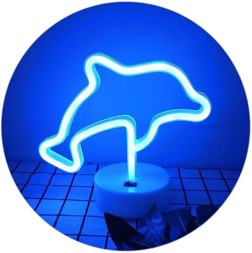 Miniatura 6 de Señales LED de neón con forma de delfines azules, luz de neón con base y USB, funciona con pilas, letreros de luz LED para fiesta de cumpleaños