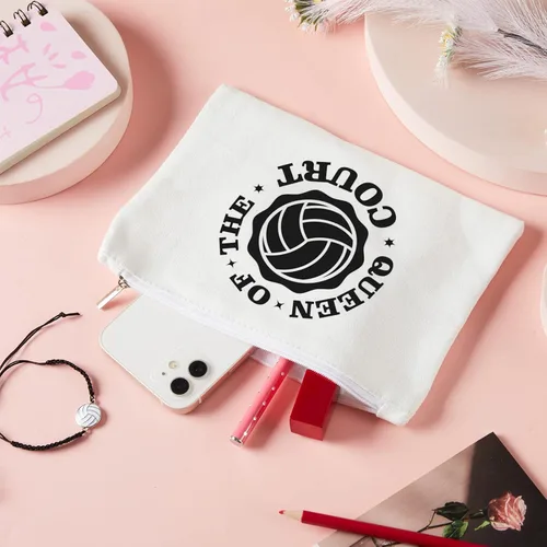 Miniatura 6 de Weewooday 12 bolsas de maquillaje de voleibol, bolsas de lona para cosméticos con palabras, estuche de almacenamiento portátil de voleibol, bolsas