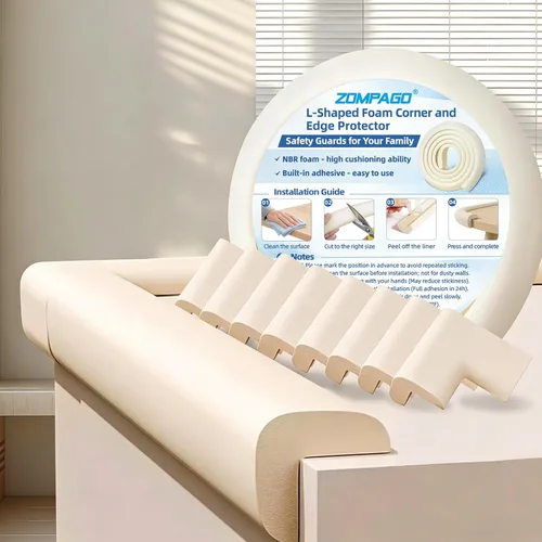 ZOMPAGO Rollo protector de bordes de bebé (6.56 pies) y 8 protectores de esquina, protectores de esquina de espuma blanca para muebles, esquinas y