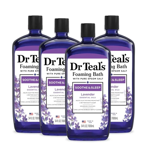 Dr Teal's Baño espumoso con sal pura de Epsom, calma y duerme con lavanda, 34 onzas líquidas (paquete de 4)