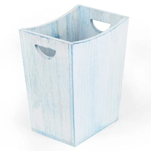 BTY Cubo de basura de madera rústica para baño, contenedor de basura de madera para cocina, dormitorio, oficina, sala de estar, azul y blanco