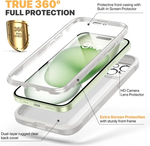 Miniatura 490 de Diaclara Funda diseñada para iPhone 16, mejorada [protección completa de la cámara], carcasa resistente de cuerpo completo con protector de pantalla