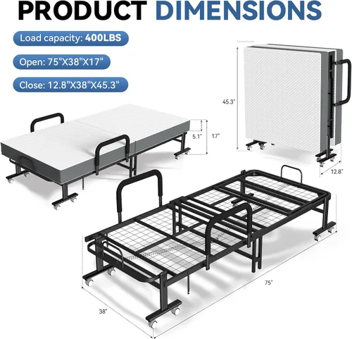 Miniatura 3 de Cama plegable para invitados con colchón y respaldo ajustable de 6 posiciones para adultos, cama nido plegable de metal, siesta de oficina, descanso
