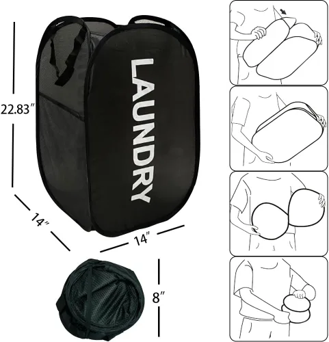 Miniatura 2 de Cestas de lavandería desplegables, cestas plegables de malla para la lavandería, paquete de 2 cestas de ropa negras para el hogar, dormitorio, viajes