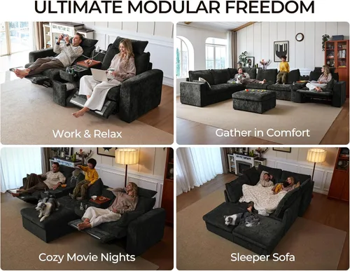 Miniatura 4 de Sofá reclinable eléctrico de 102.8 pulgadas con reposacabezas, sofá reclinable modular Cloud de gran tamaño con mesa, cajón de almacenamiento, Blanco