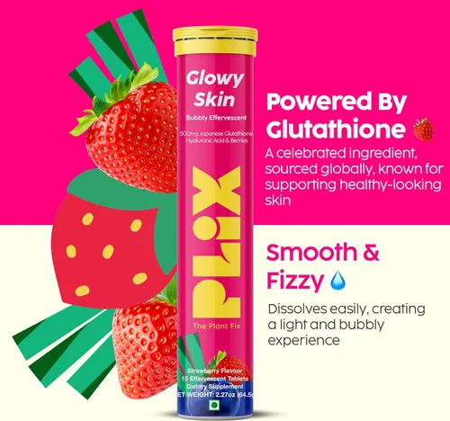 Miniatura 5 de PLIX Glowy Skin Suplemento de glutatión de 500 mg con ácido hialurónico, vitamina C, E y bayas 15 tabletas efervescentes, sabor fresa