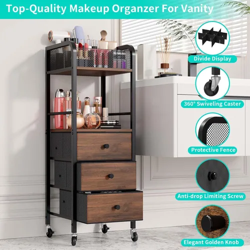 Miniatura 6 de HapiRm Organizador de Carrito de Maquillaje Rodante - Almacenamiento de Maquillaje y Cuidado de la Piel de Piso con 3 Cajones de Tela No Tejida