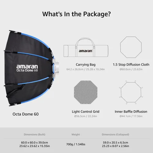 Miniatura 7 de amaran Octa Dome 60 Softbox, caja de luz grande de 23.6 in (2 pies) de montaje octogonal Bowens diseñada para configuraciones rápidas