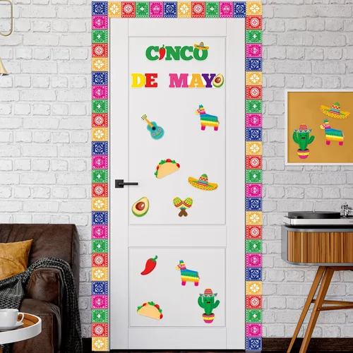 Miniatura 5 de Juego de 82 piezas de decoración de tablón de anuncios del Cinco de Mayo, fiesta mexicana, papel picado, bandera, bordes, tacos de México, llama