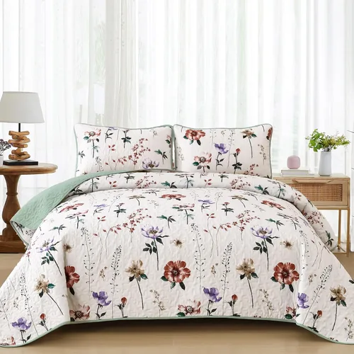 Miniatura 18 de Anibedding Juego de edredón azul tamaño King, 3 piezas reversible, elegante patrón de hojas botánicas azules, colcha de microfibra suave para toda