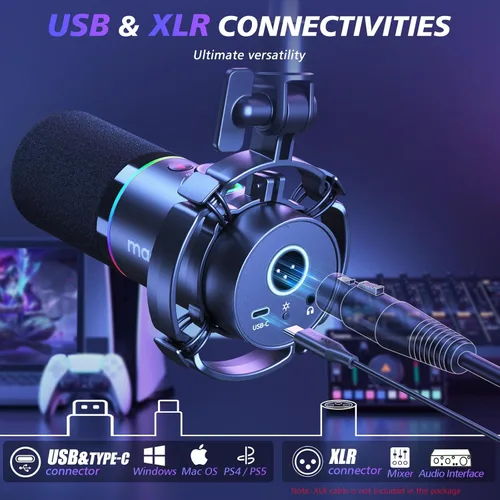 Miniatura 2 de MAONO Kit de micrófono dinámico XLR/USB, micrófono podcast RGB con software, silencio, perilla de ganancia, control de volumen, brazo de brazo