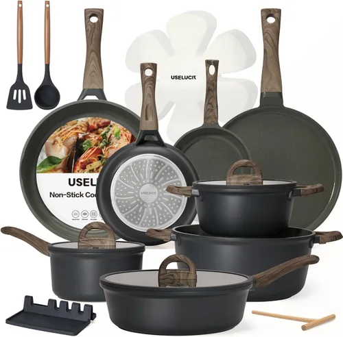 Miniatura 10 de USELUCK Juego de ollas y sartenes antiadherentes, no tóxicos, 22 piezas de utensilios de cocina de cerámica, ollas y sartenes antiadherentes