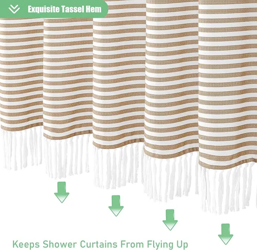 Miniatura 5 de Cortina de ducha Dynamene de tela color beige, cortina de ducha rústica/bohemia a rayas con borlas para baño, juego de cortinas de tela texturizada