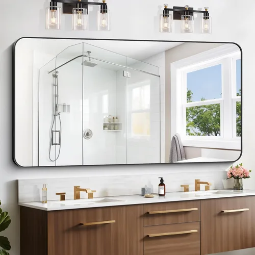 Miniatura 30 de Espejo de baño de 18 x 24 pulgadas con marco de metal negro rectangular, espejo de tocador rectangular de esquinas redondeadas, espejo de pared
