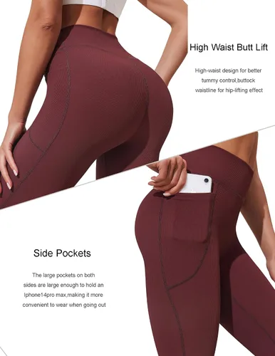 Miniatura 2 de PINSPARK Pantalones de yoga acampanados para mujer, leggings acanalados con corte de bota, cintura alta, pantalones de entrenamiento con bolsillos